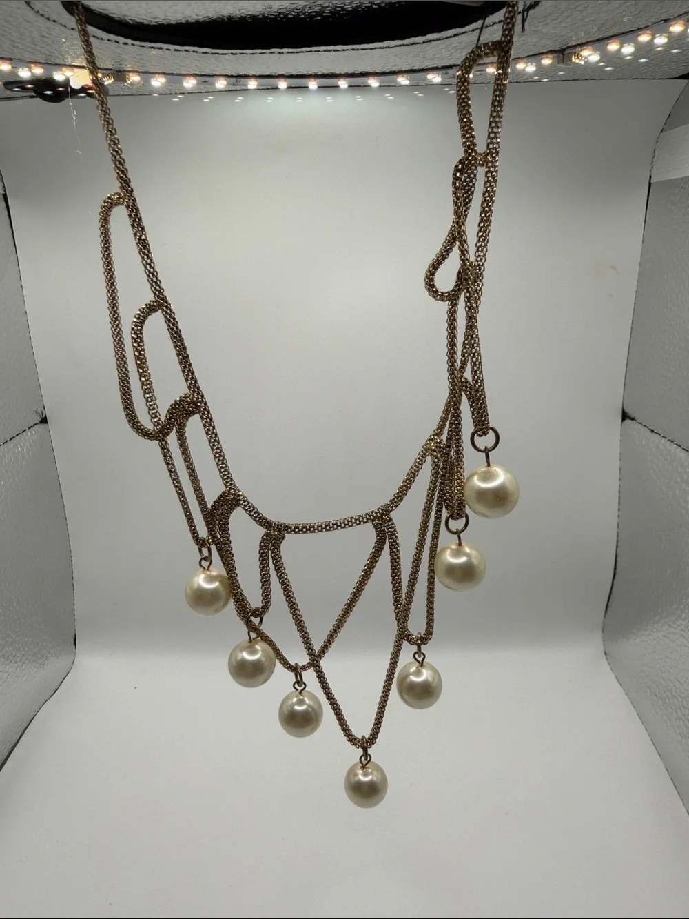 Premier Designs Faux Pearl Statement Necklace Gold Tone Draped Chain